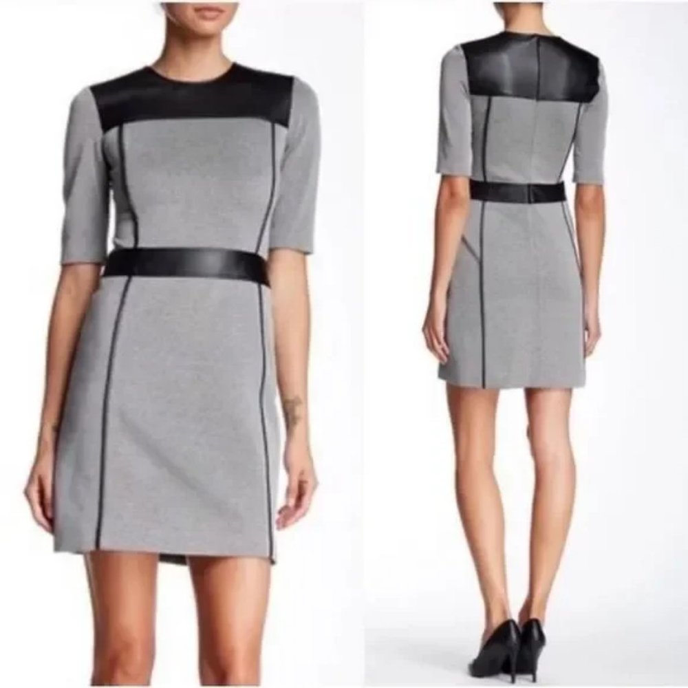 Theory Dress “Calvin Elmore” Houndstooth Leather Accent Trims NWOT Med